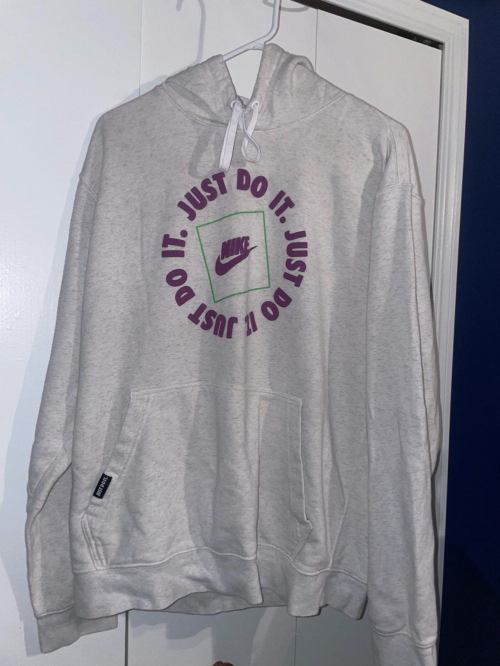 Nike Light Gray Hoodie with Purple and Green Logo
